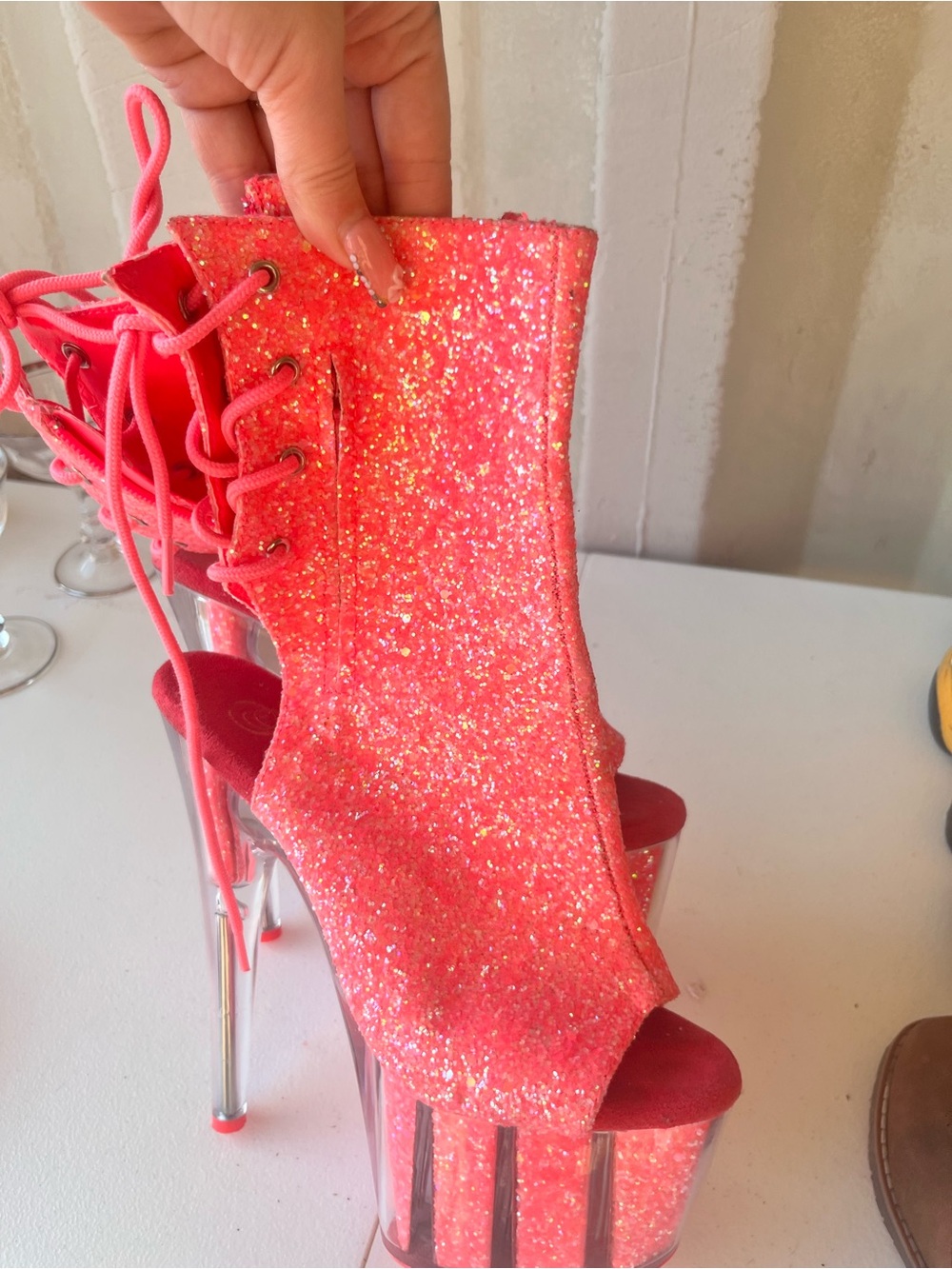 Pleaser Hot Pink Glitter Lace-Up Platform Heels